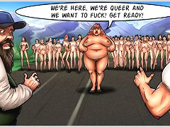 Horny cartoon girls with big tits showing off their pussies and asses at casting